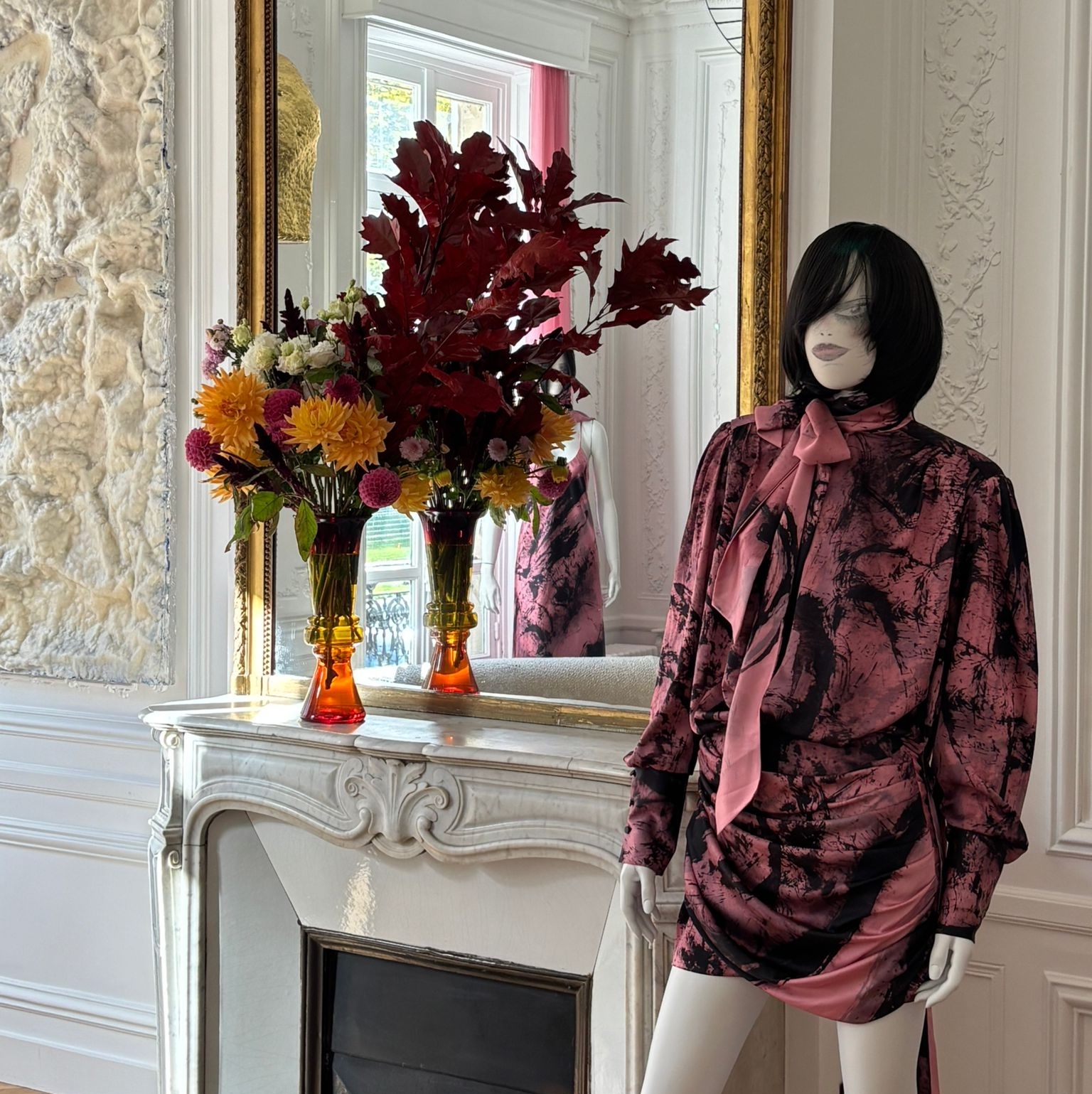 Joanna Hawrot, Visible Futures: a textile piece on a mannequin by the salon fireplace