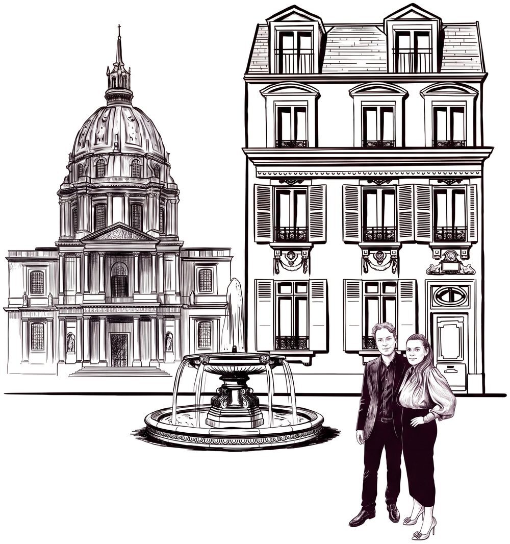 Ink drawing: a hôtel particulier beside the dome of Les Invalides, a fountain, and two people at the door.
